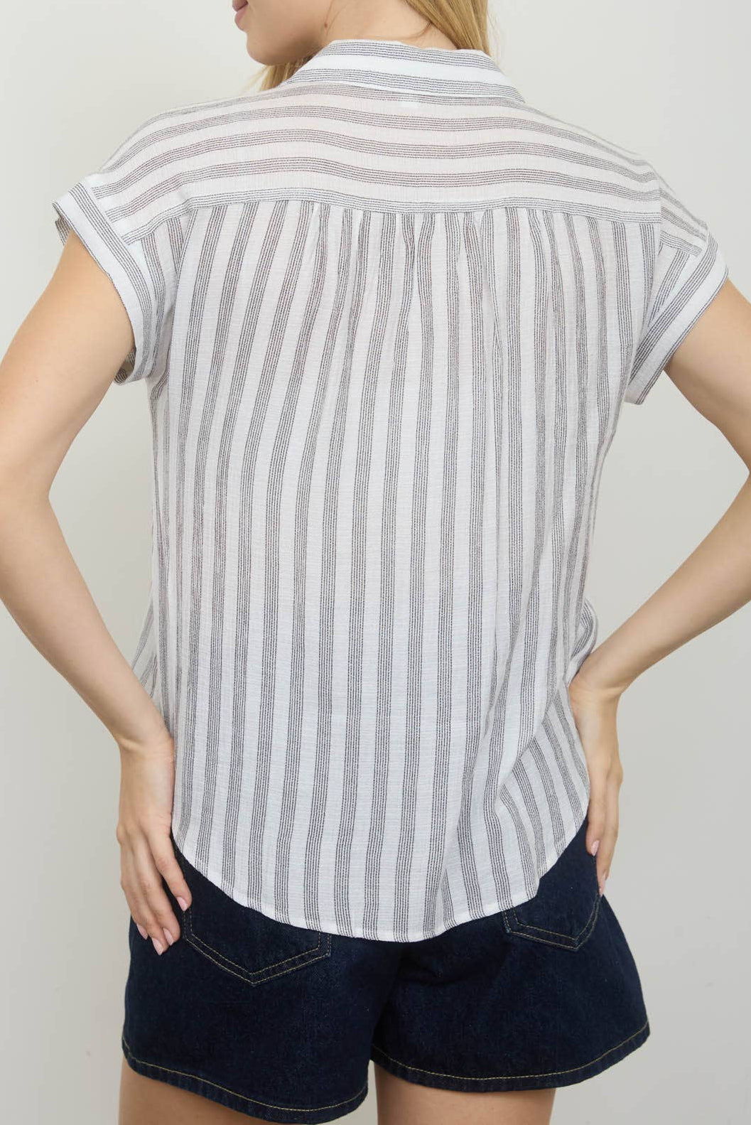 Stripe Collared V-Neck Button Down Short Sleeve Top