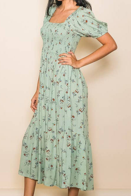 Sage Puff Sleeve Smocked Flare Midi Dress with Pockets