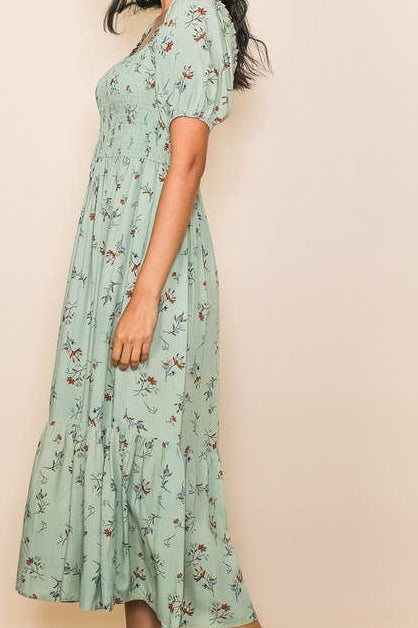 Sage Puff Sleeve Smocked Flare Midi Dress with Pockets
