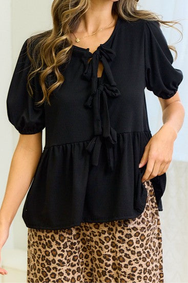 Black Babydoll Tie Front Ribbed Top