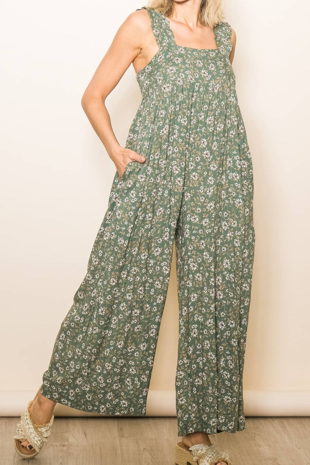 Ruffle Strap Wide Leg Floral Print Jumper with Pockets