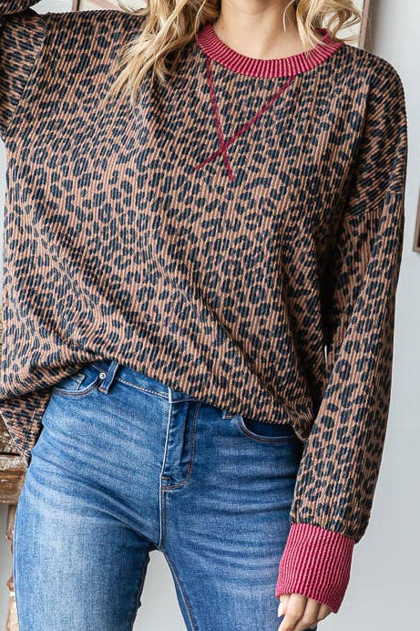 Rib Animal Print Drop Shoulder V Seam Long Sleeve Top