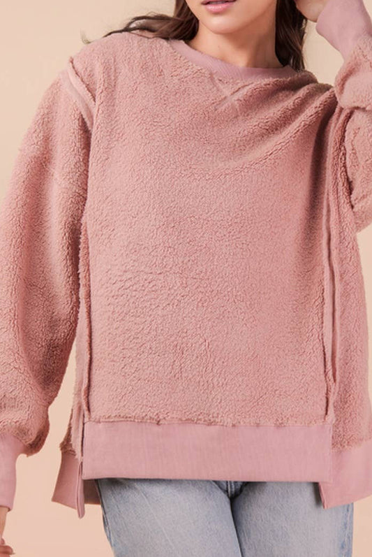 Blush Oversized Casual Solid Fleece Top