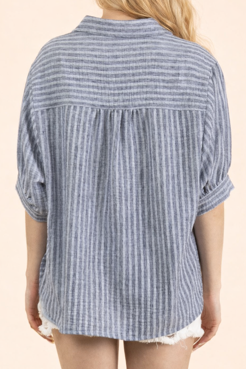 Stripe Half Puff Sleeve Shirt Top
