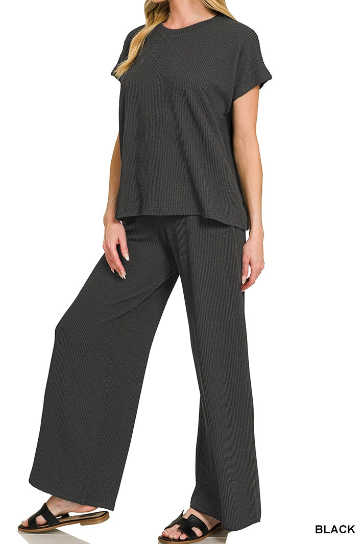 Zenana Raised Rib Short Sleeve Pants Set