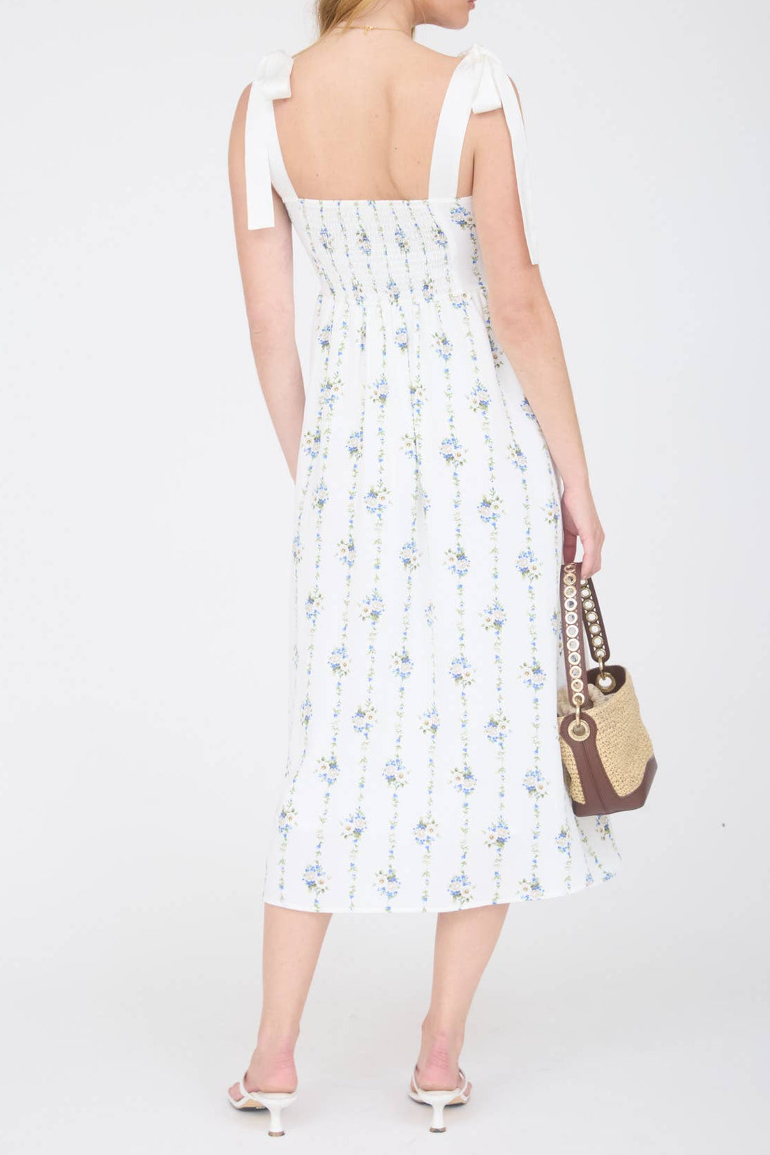 Ivory/Blue Floral Trellis Shoulder Tie Dress