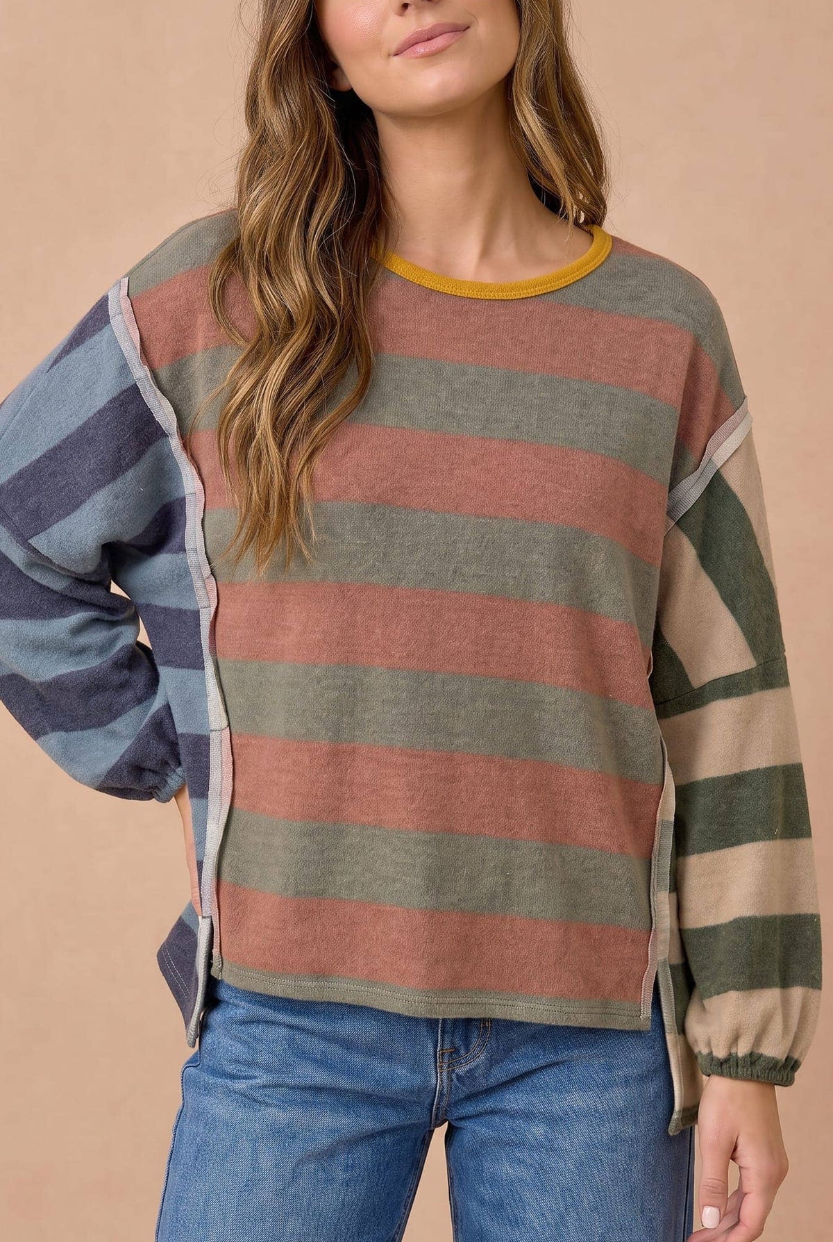 Striped Color Block Hacci Slit Top