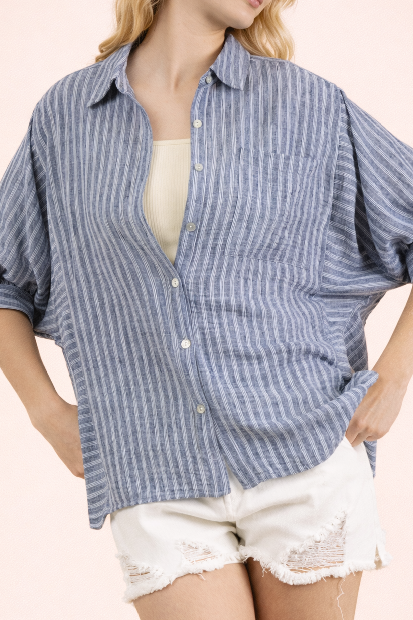 Stripe Half Puff Sleeve Shirt Top