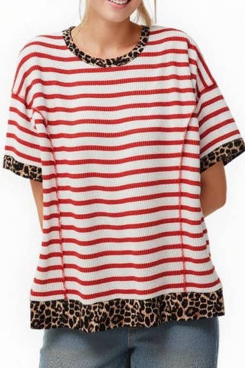 Red Stripe Leopard Trim Top