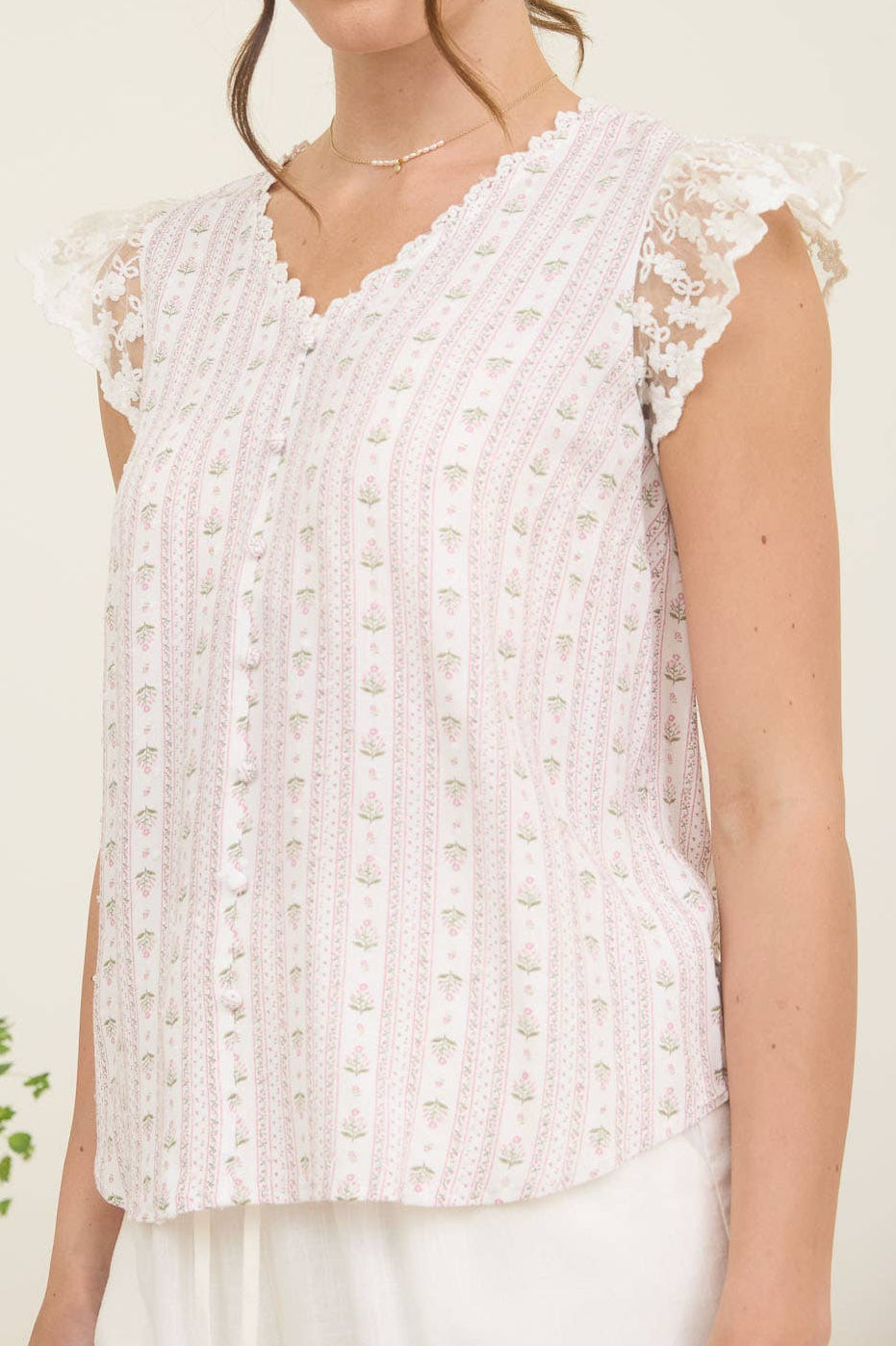 Pink Floral Trellis Lace Shoulder Top