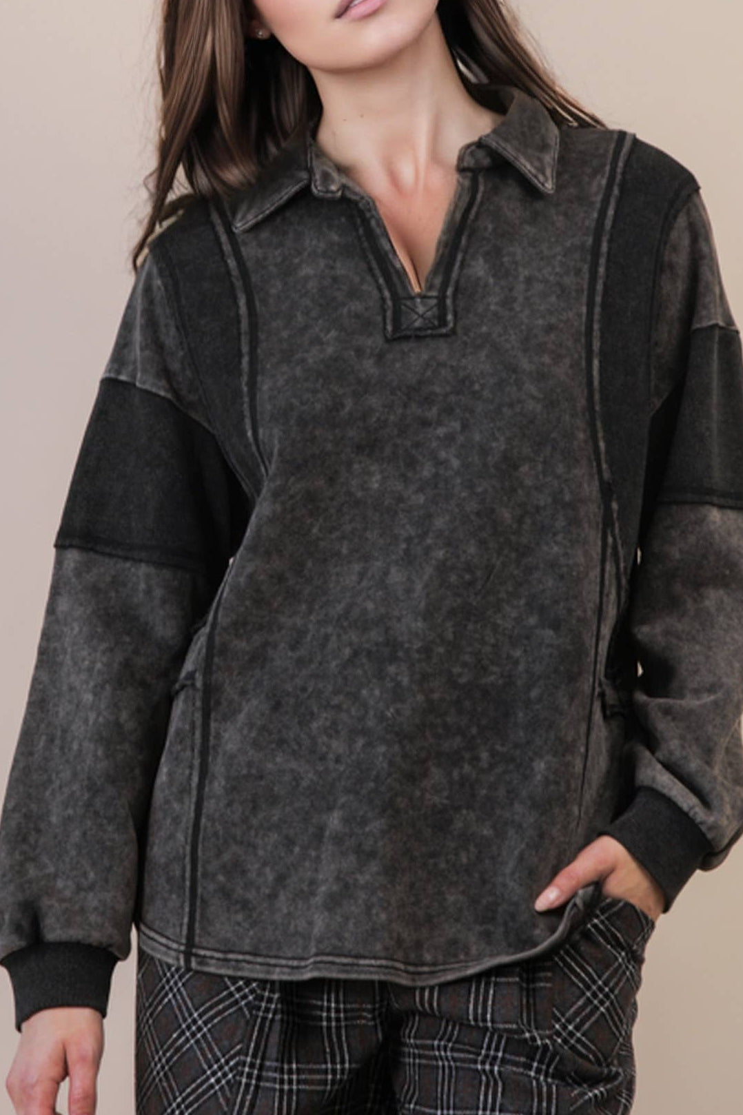 Black Mineral Washed Oversized French Terry Knit Top