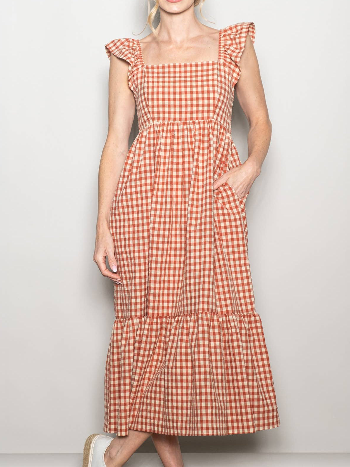 Red Ruffled Flutter Sleeve Gingham Cotton Midi Dress w Pockets