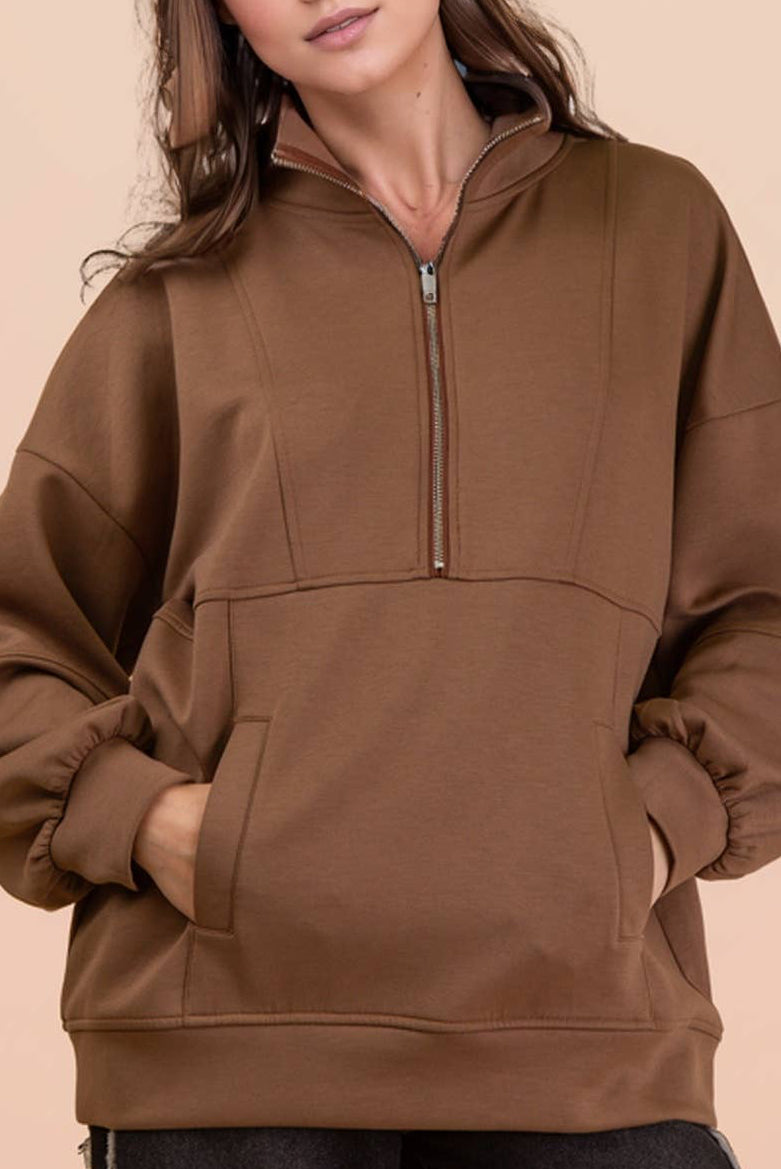 Mocha Half Zip UP Oversized Casual Comfy Knit Top