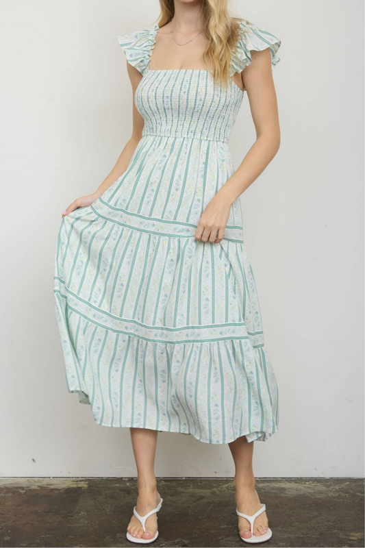 Sage Stripe Floral Pattern Smocked Maxi