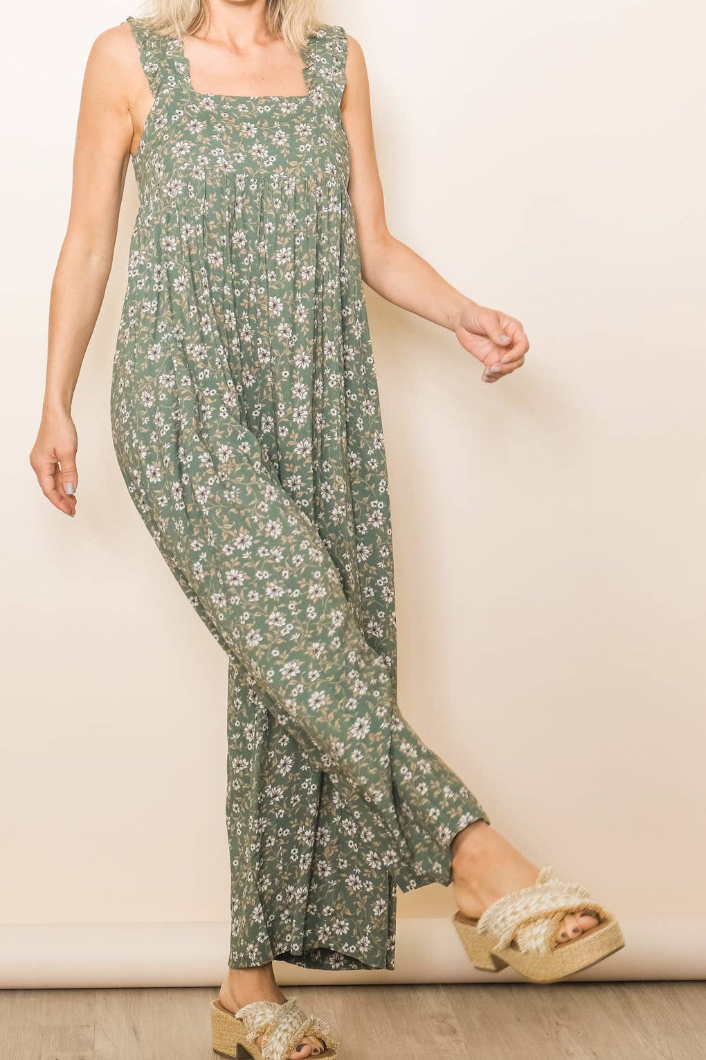 Ruffle Strap Wide Leg Floral Print Jumper with Pockets