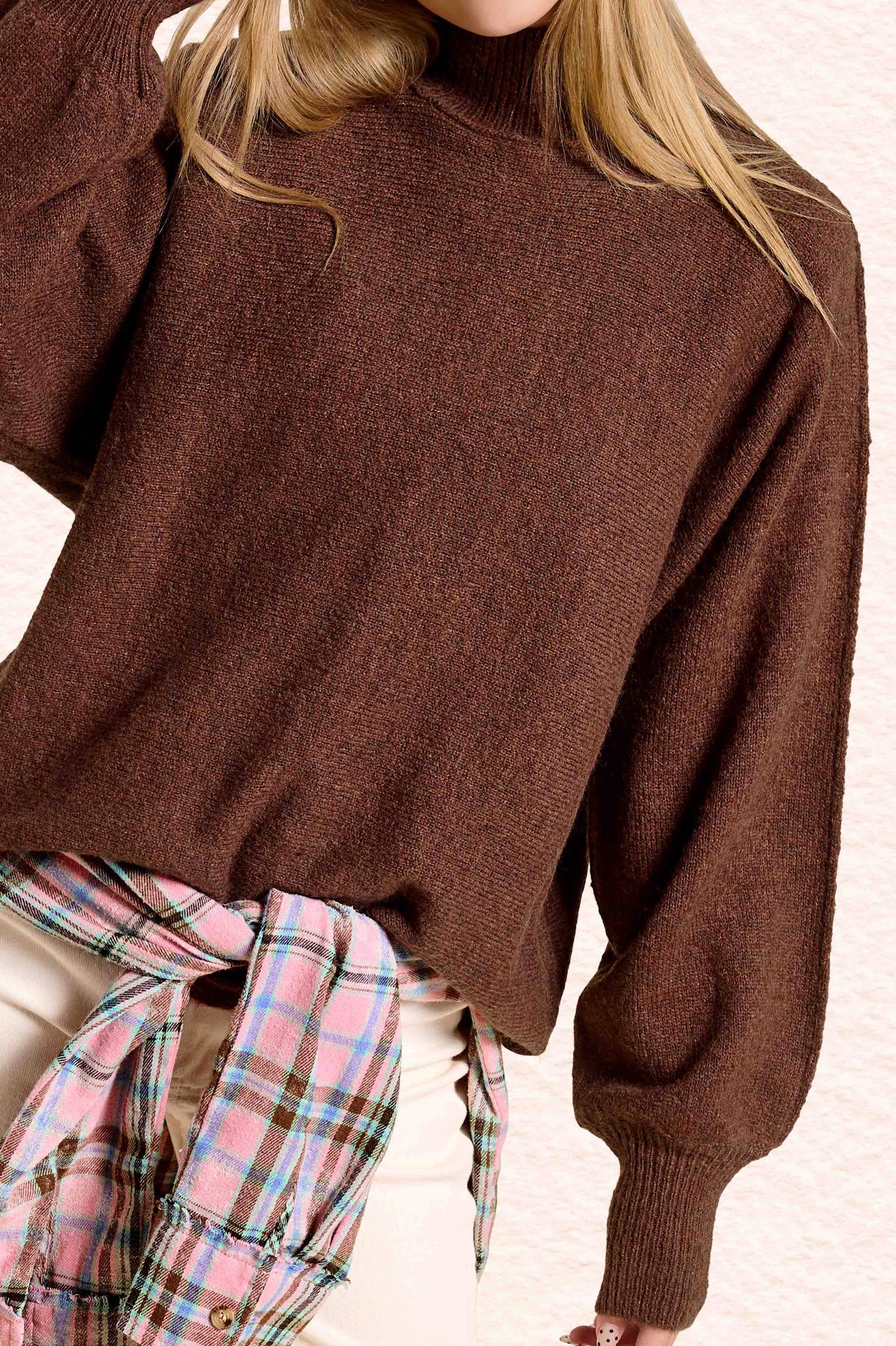 Pecan Loose Fit Balloon Sleeves Mock Neck Sweater