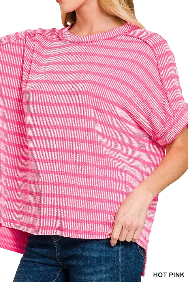 Zenana Stripe Short Sleeve Raised Rib Crew Neck Top