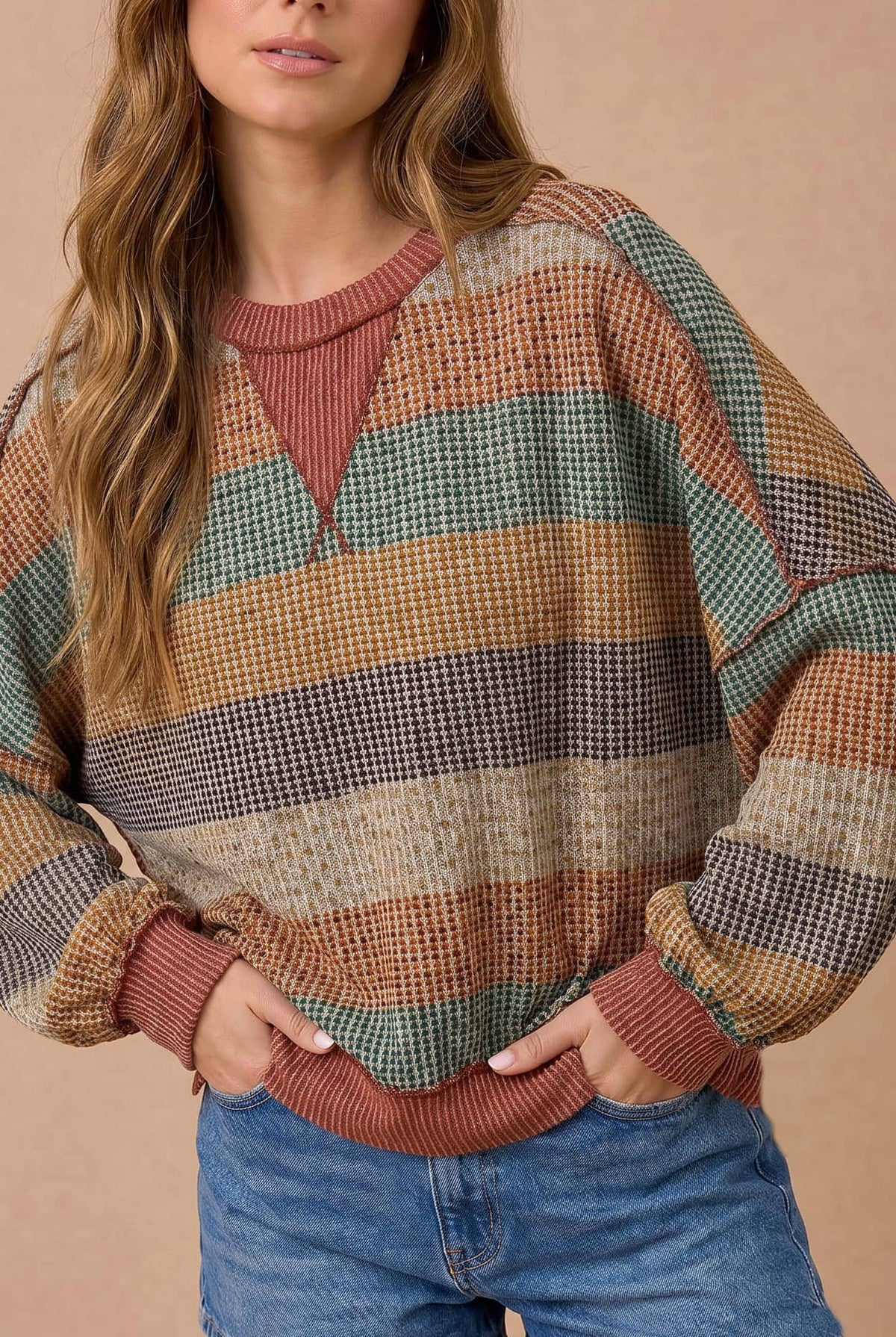 Stripe Waffle Wave Rib Banded Hem Pullover