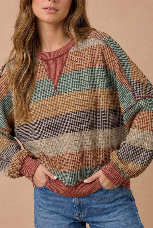 Stripe Waffle Wave Rib Banded Hem Pullover