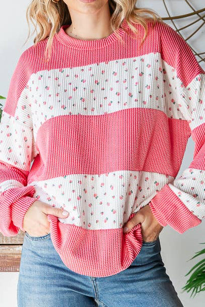 Floral Rib Drop Shoulder Pullover Long Sleeve Top