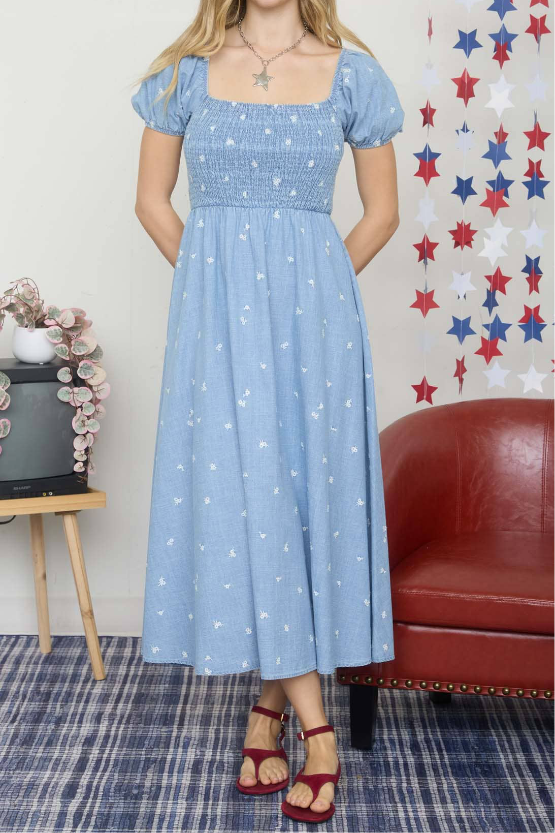 Chambray Floral Embroidery Smocked Midi Dress