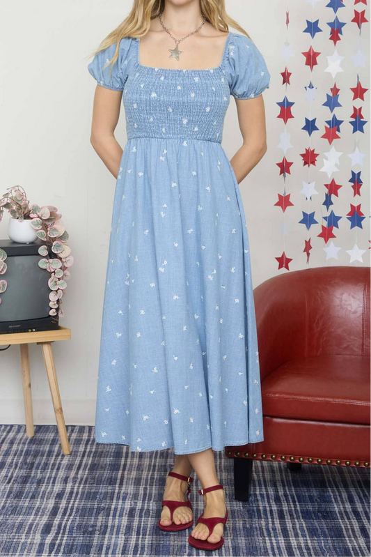 Chambray Floral Embroidery Smocked Midi Dress