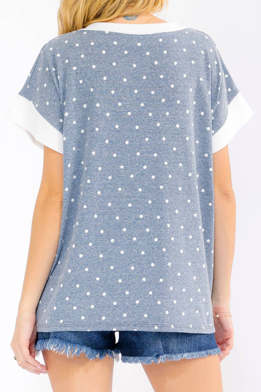 Vintage Navy Polka Dot Contrast Trim v Neck Top