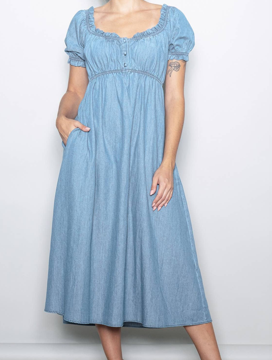 Vintage Washed Denim Ruffled Babydoll Dress w Pockets
