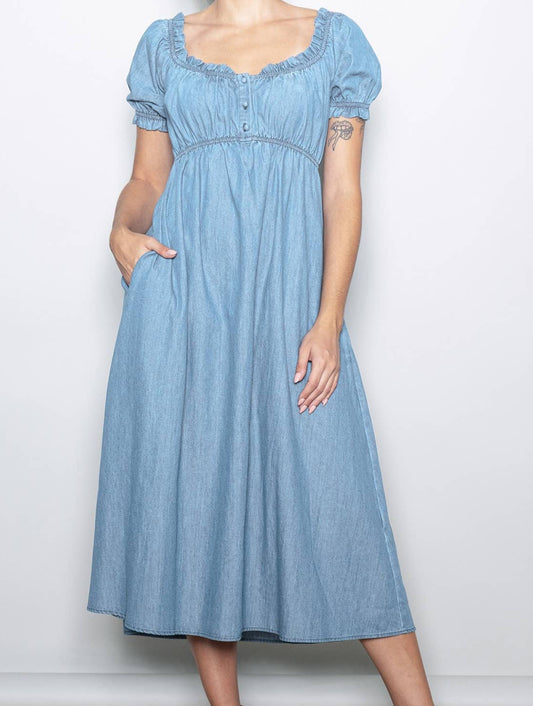 Vintage Washed Denim Ruffled Babydoll Dress w Pockets
