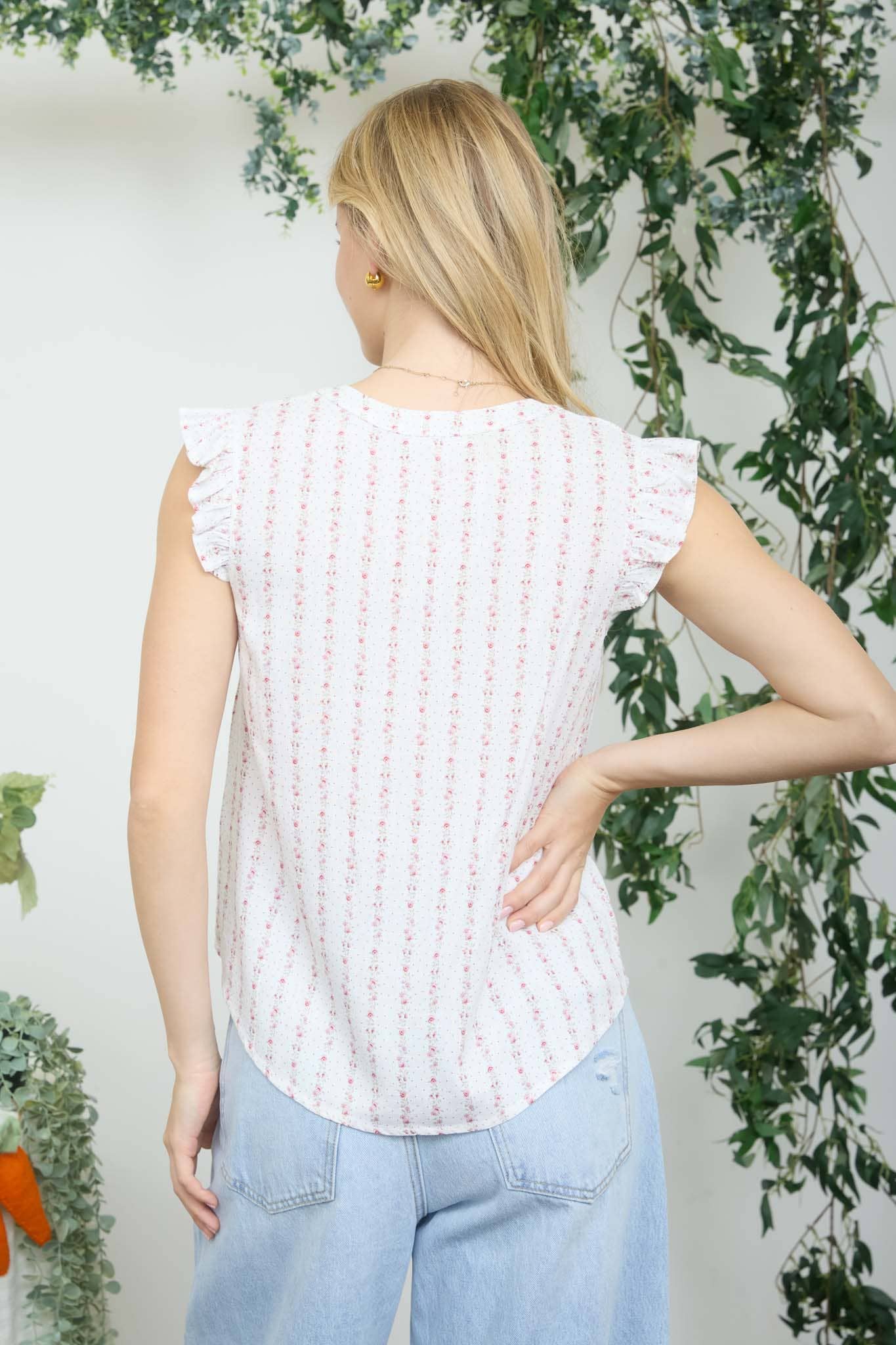STRIPE FLORAL GARLAND PATTERN RUFFLE SLEEVE TOP