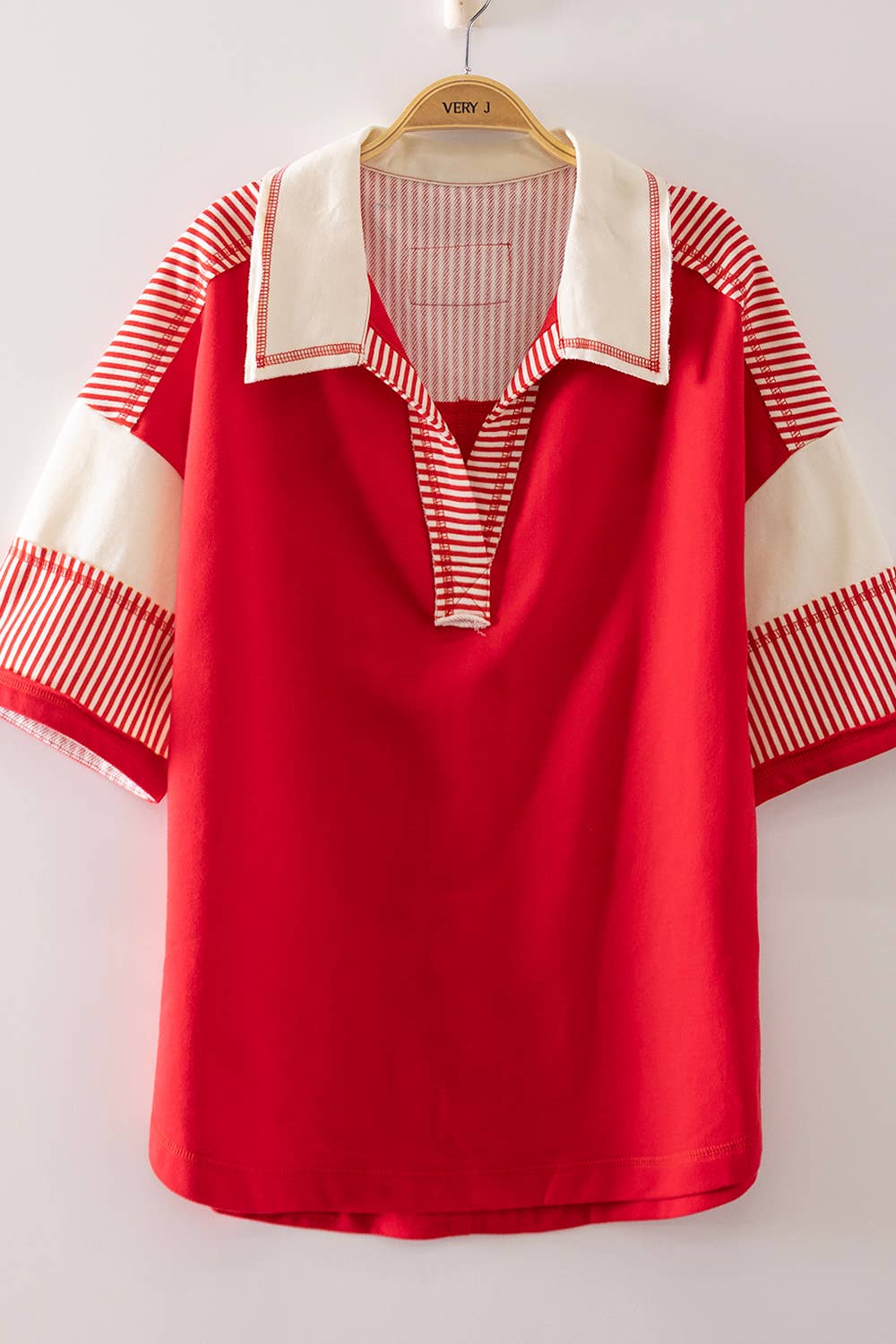 Red Stripe Oversized Half Sleeve Casual Knit Top