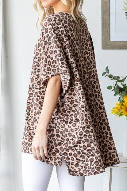 Taupe Short Sleeve Ribbed Leopard Tunic