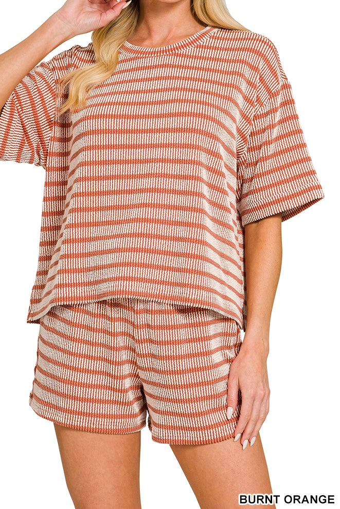 Zenana Stripe Raised Rib Half Sleeve Drawstring Shorts Set
