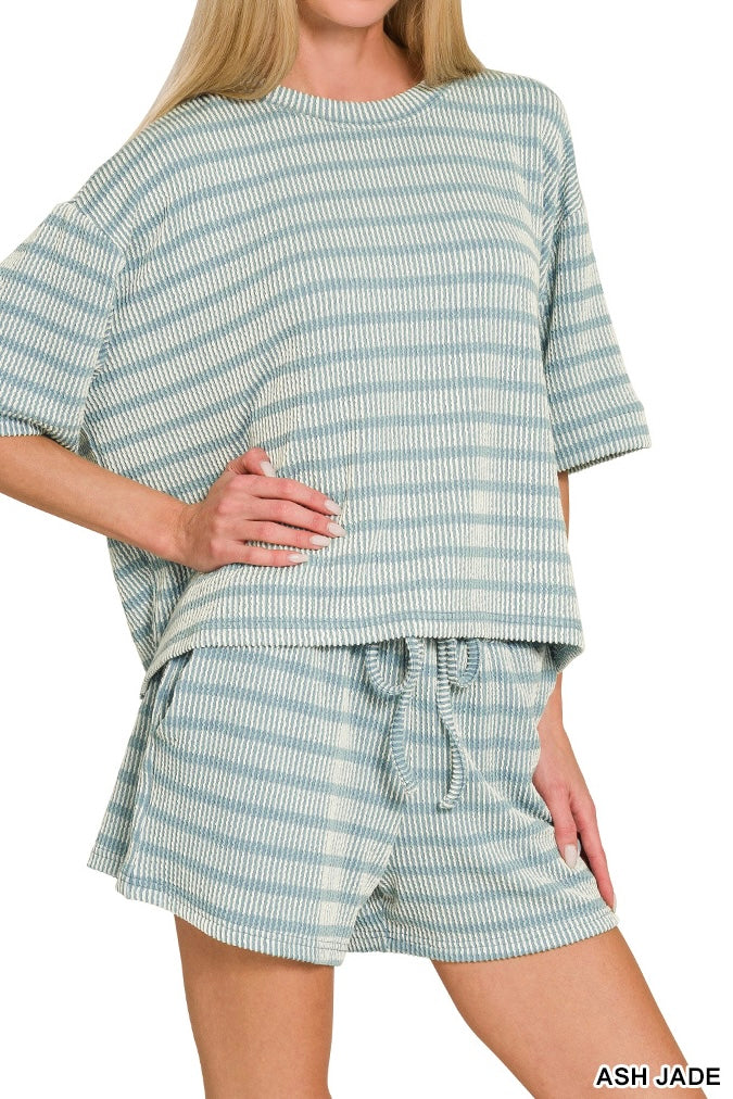 Zenana Stripe Raised Rib Half Sleeve Drawstring Shorts Set
