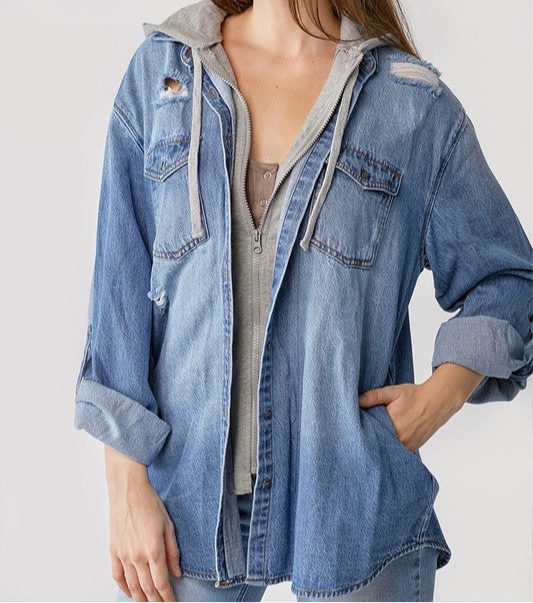 Washed Denim Shirt Hoodie