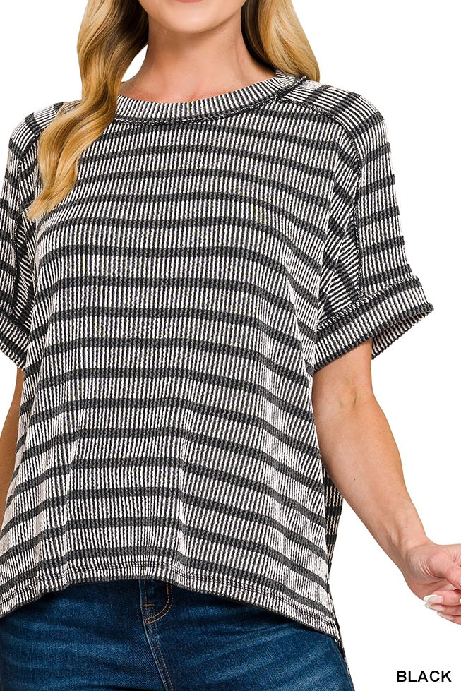 Zenana Stripe Short Sleeve Raised Rib Crew Neck Top