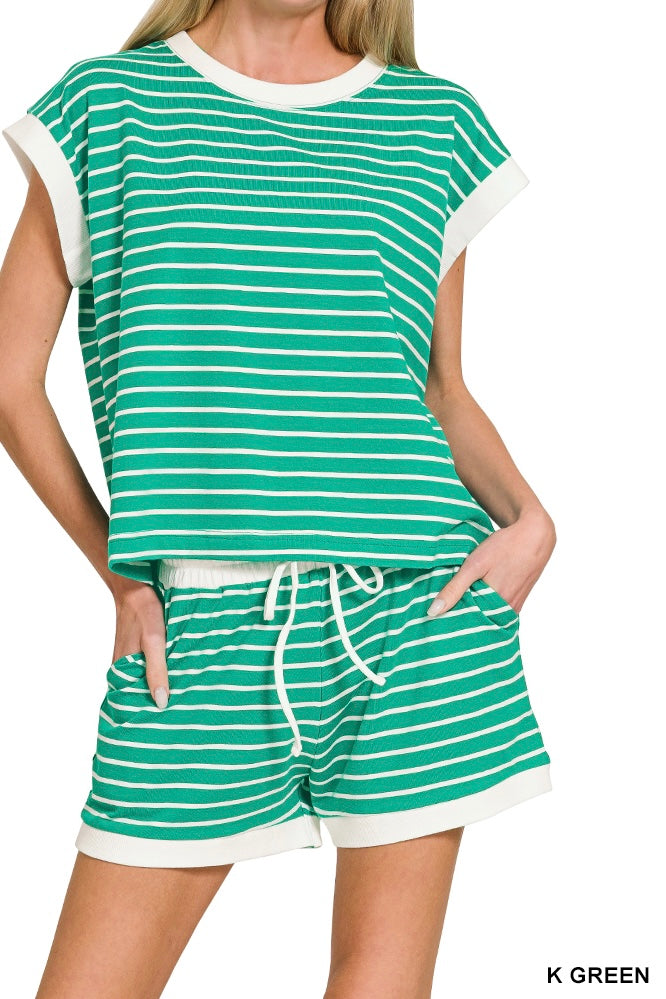 Zenana Stripe Contrast Rib Trim Shorts Set