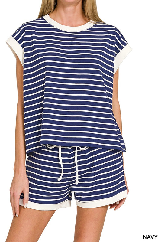 Zenana Stripe Contrast Rib Trim Shorts Set