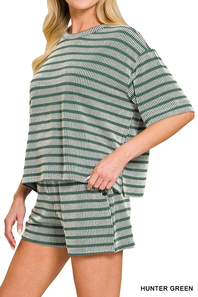 Zenana Stripe Raised Rib Half Sleeve Drawstring Shorts Set