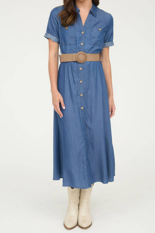 Chambray Belted Midi Dress