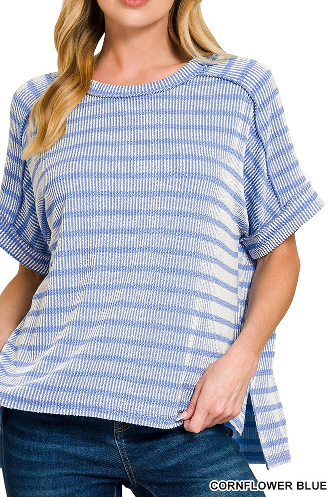 Zenana Stripe Short Sleeve Raised Rib Crew Neck Top