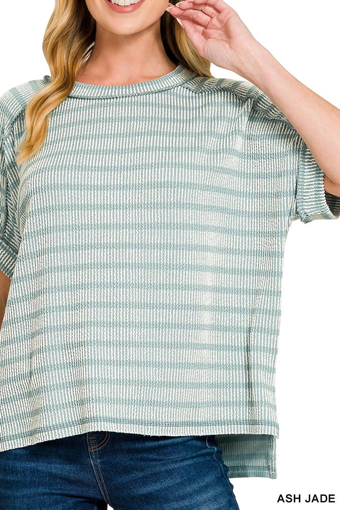 Zenana Stripe Short Sleeve Raised Rib Crew Neck Top