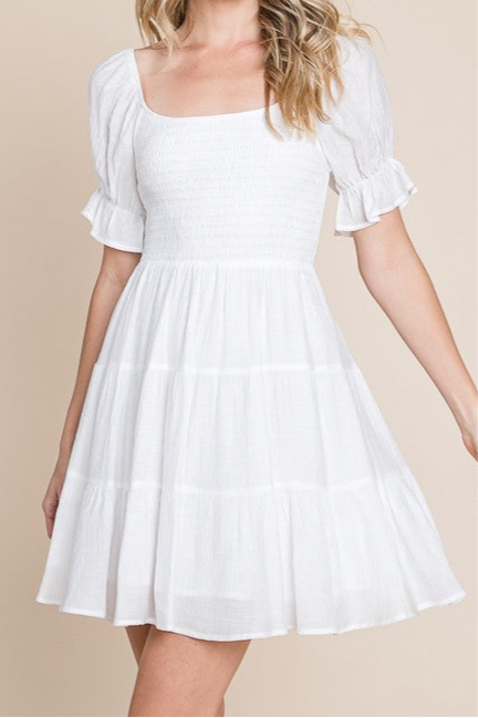 White Short Smocked Sleeve Dress