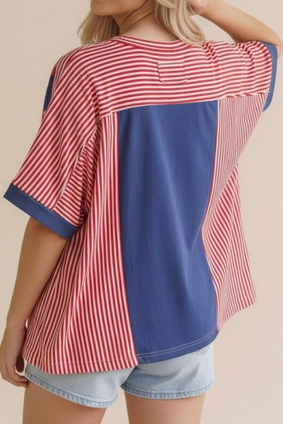 V-Neck Oversized Vertical Star Patch Stripe Top