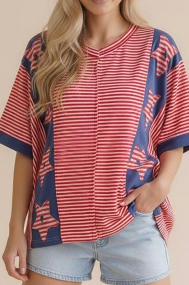 V-Neck Oversized Vertical Star Patch Stripe Top