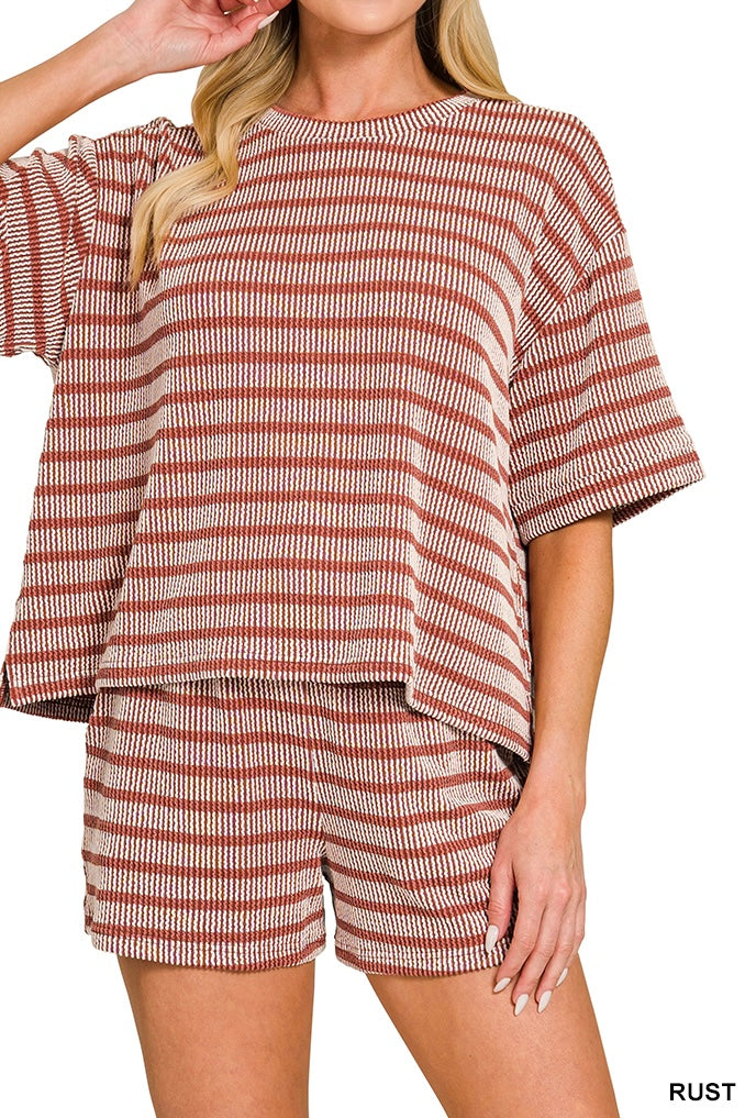 Zenana Stripe Raised Rib Half Sleeve Drawstring Shorts Set