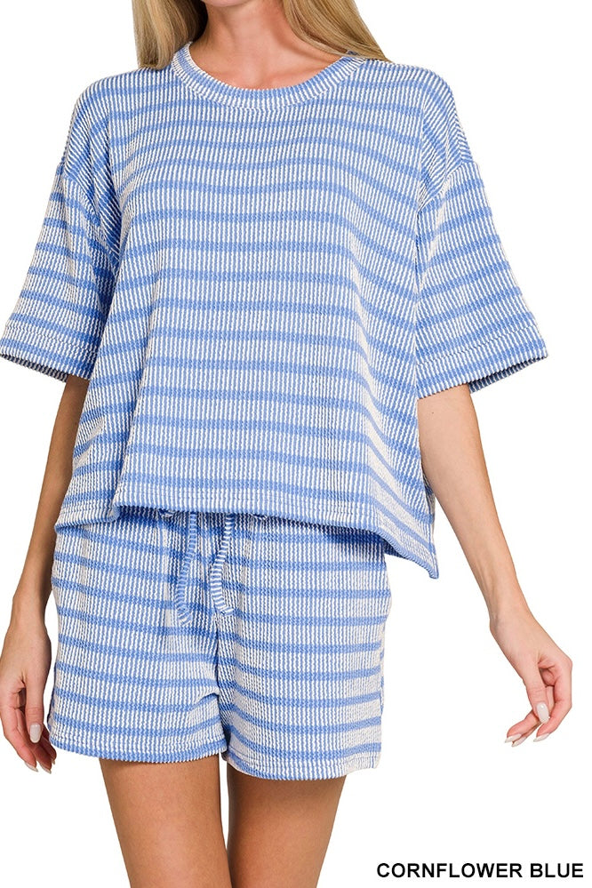 Zenana Stripe Raised Rib Half Sleeve Drawstring Shorts Set