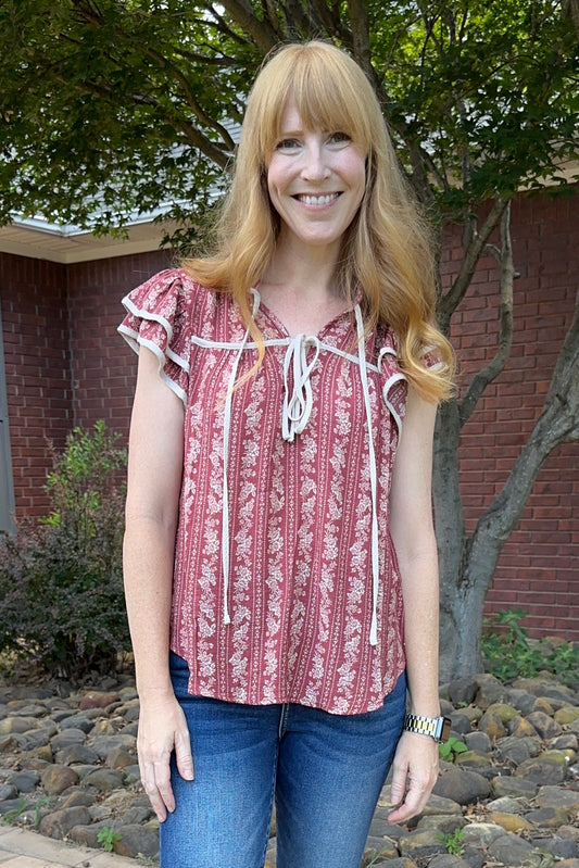 Burgundy Stripe Floral Trellis Top