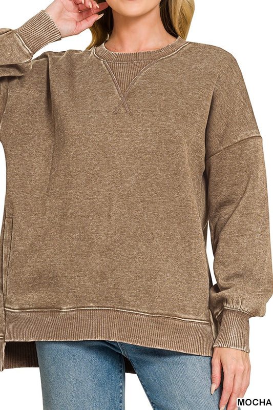 Zenana Acid Wash Step Hem Pocket Sweatshirt