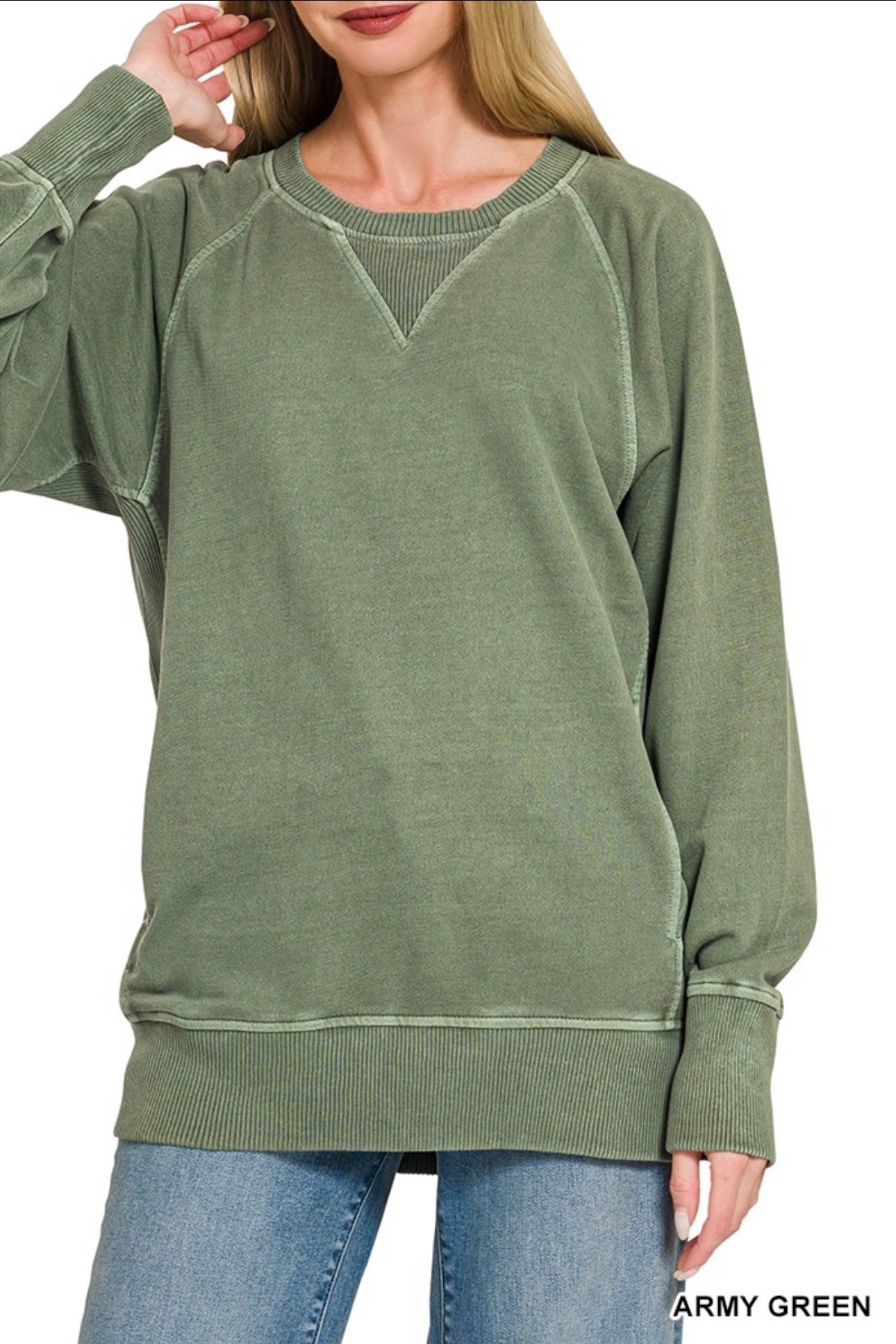 Zenana Pigment Dyed French Terry Ribbed Panel Pocket Pullover